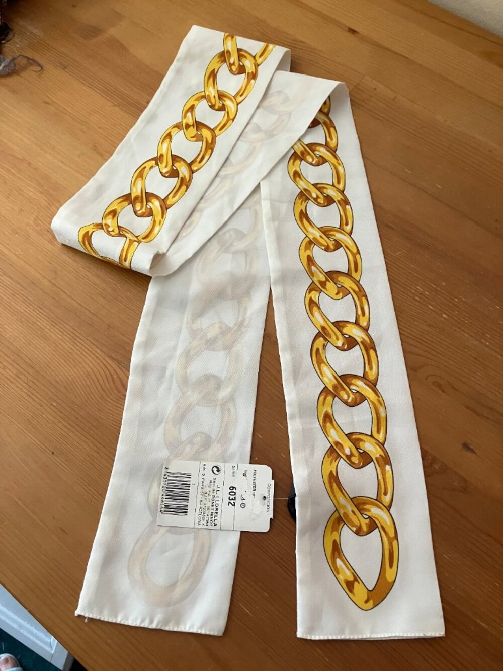J.L.LLORELLA Polyester satin sash waist belt/neck scarf White w/Gold print 4x70
